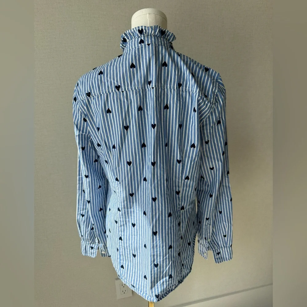 J. Crew Blue & White Striped Button-Down with Navy Heart Print